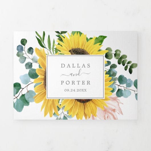 Rustic Sunflower Photo Weddenschap in één keer Drieluik Uitnodiging (Cover)