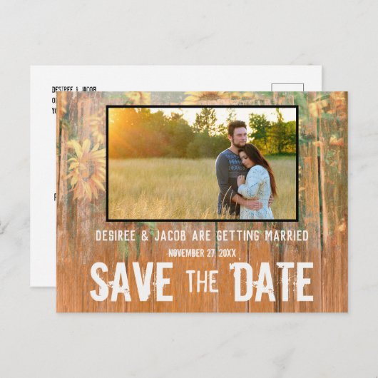 Rustic Sunflower Photo Weddenschap Save the Date Aankondigingskaart (Voorkant / Achterkant)