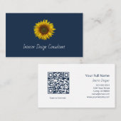 Rustic Sunflower QR code Boho Navy Blue Visitekaartje (Voorkant / Achterkant)