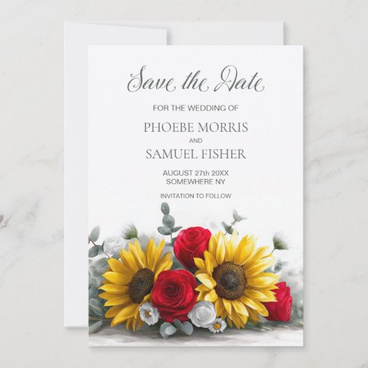 Rustic Sunflower Red Rose Wedding Save the Date (Voorkant)