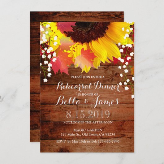Rustic Sunflower Rehearsal Dinner Invitations Kaart (Voorkant / Achterkant)