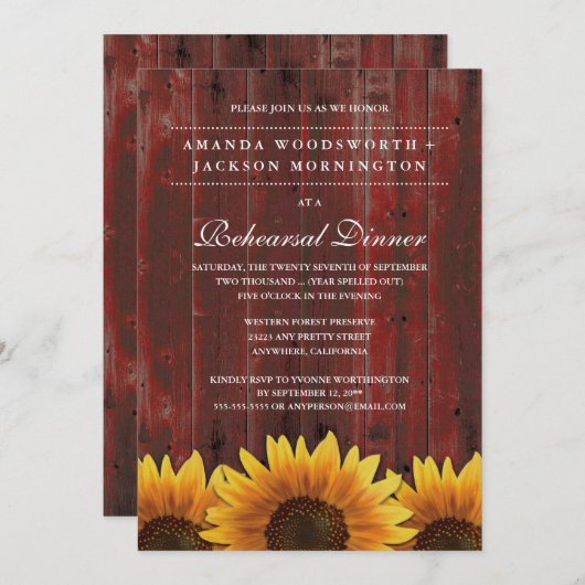 Rustic Sunflower Rehearsal Dinner Invitations Kaart (Voorkant / Achterkant)