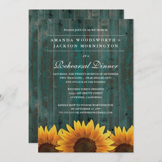 Rustic Sunflower Rehearsal Dinner Invitations Kaart (Voorkant / Achterkant)