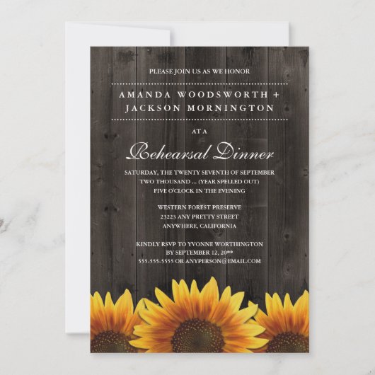 Rustic Sunflower Rehearsal Dinner Invitations Kaart (Voorkant)