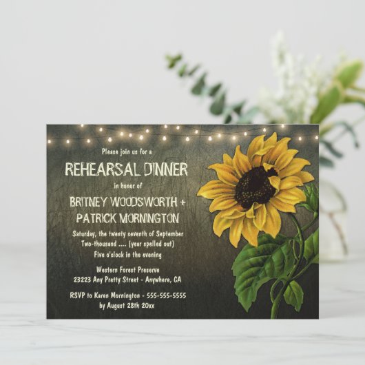 Rustic Sunflower Rehearsal Dinner Invitations Kaart (Staand voorkant)