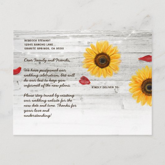 Rustic Sunflower Roos Wedding verander de datum Aankondigingskaart (Achterkant)