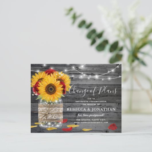 Rustic Sunflower Roos Wedding verander de datum Aankondigingskaart (Staand voorkant)