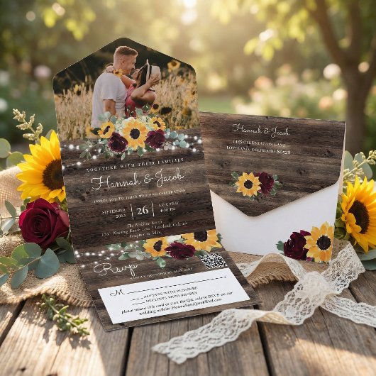 Rustic Sunflower Roses Photo QR Code Wedding All In One Uitnodiging