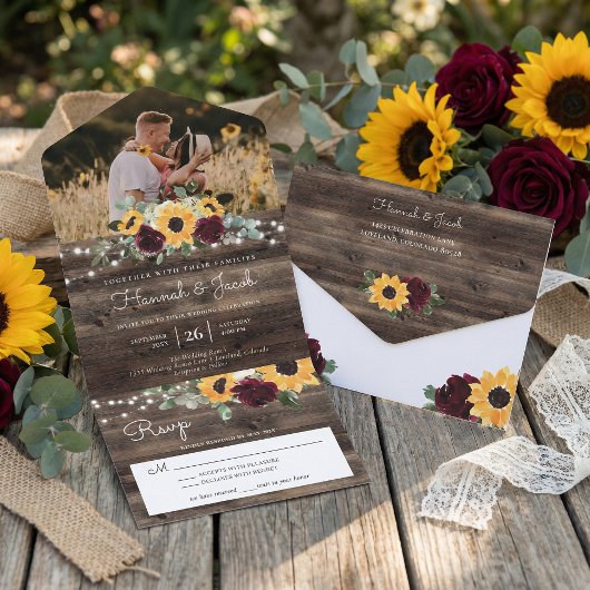 Rustic Sunflower Roses Wedding All In One Uitnodiging