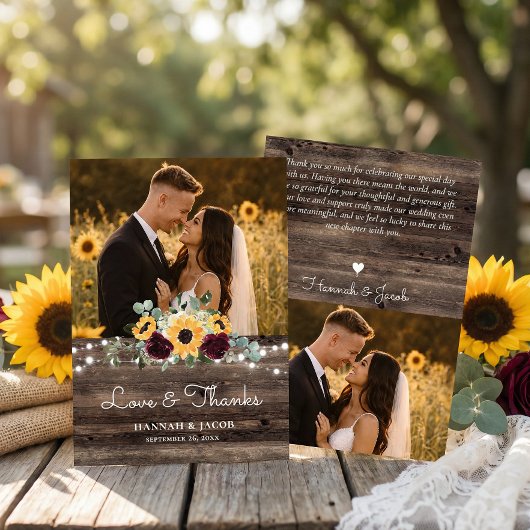 Rustic Sunflower Roses Wedding Bedankkaart
