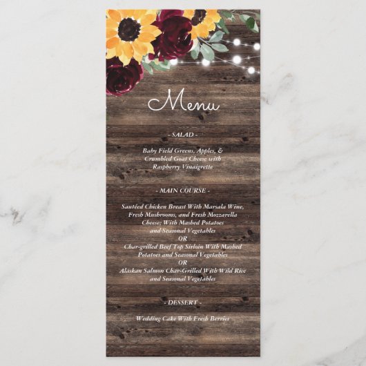Rustic Sunflower Roses Wedding Menu (Voorkant)