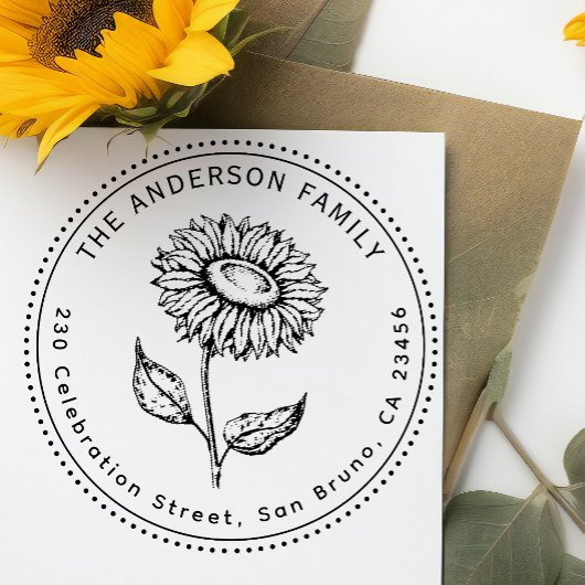 Rustic Sunflower Round Family Name Return Address Zelfinktende Stempel