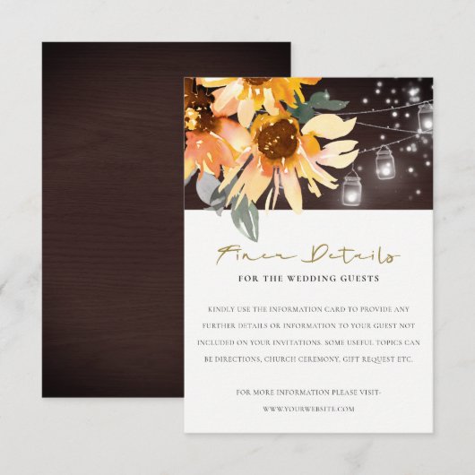 RUSTIC SUNFLOWER STARRY MASON JAR WEDDING GEGEVENS INFORMATIEKAARTJE (Voorkant / Achterkant)