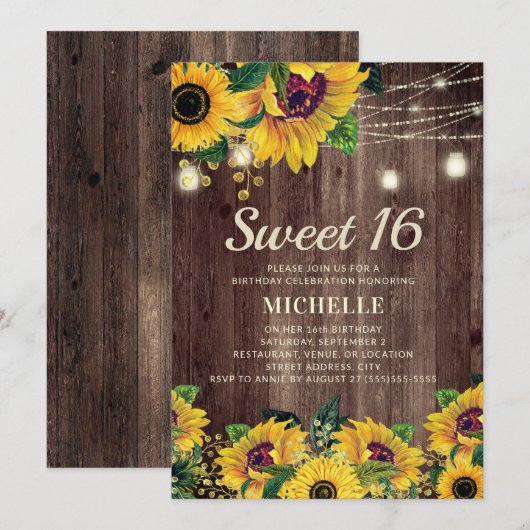 Rustic Sunflower String Light 16th Birthday Kaart (Voorkant / Achterkant)