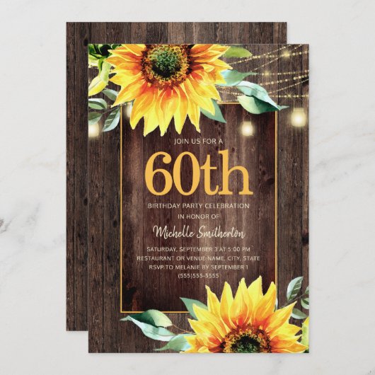 Rustic Sunflower String Light 60th Birthday Kaart (Voorkant / Achterkant)