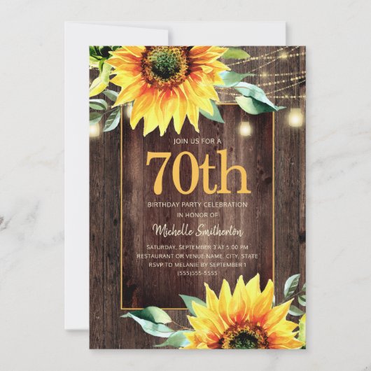 Rustic Sunflower String Light 70th Birthday Kaart (Voorkant)