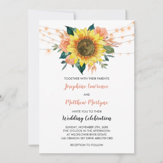 Rustic Sunflower String Light Peach Floral Wedding Kaart (Voorkant)