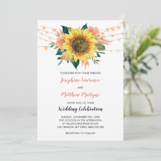 Rustic Sunflower String Light Peach Floral Wedding Kaart (Staand voorkant)
