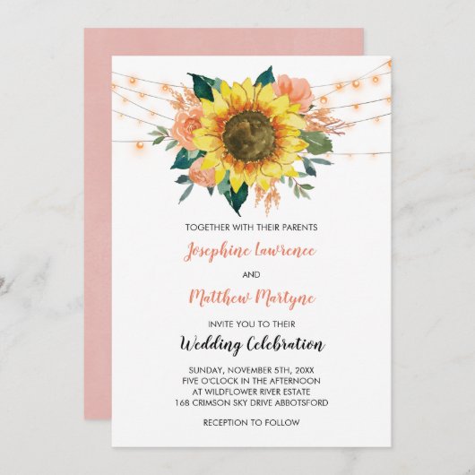Rustic Sunflower String Light Peach Floral Wedding Kaart (Voorkant / Achterkant)