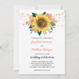 Rustic Sunflower String Light Peach Floral Wedding Kaart