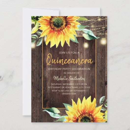 Rustic Sunflower String Light Quinceañera Birthday Kaart (Voorkant)