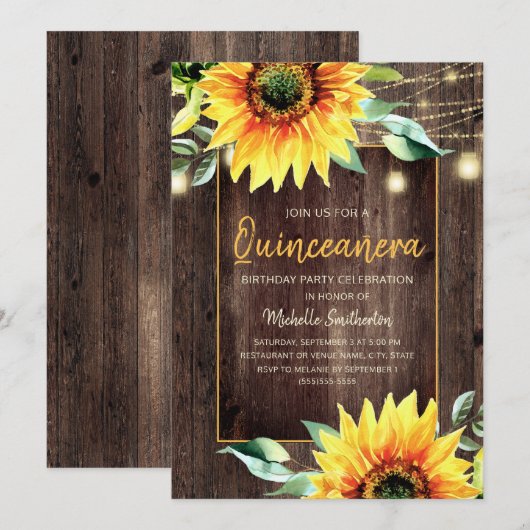 Rustic Sunflower String Light Quinceañera Birthday Kaart (Voorkant / Achterkant)