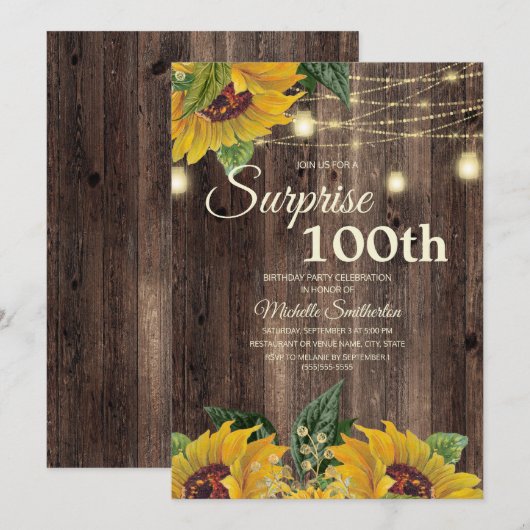 Rustic Sunflower String Light Surprise 100th Kaart (Voorkant / Achterkant)