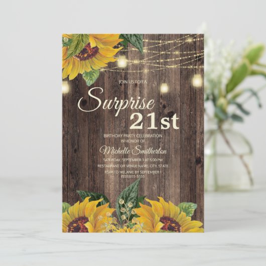 Rustic Sunflower String Light Surprise 21st Kaart (Staand voorkant)