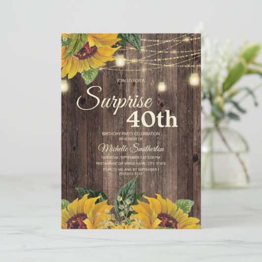 Rustic Sunflower String Light Surprise 40th Kaart (Staand voorkant)