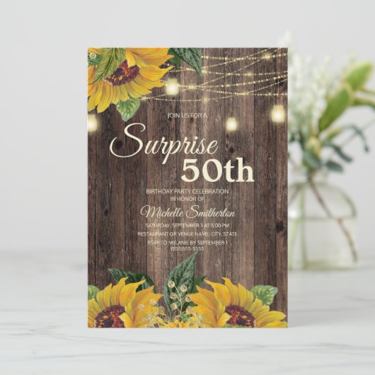 Rustic Sunflower String Light Surprise 50th Kaart (Staand voorkant)