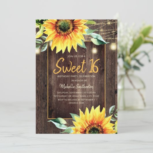 Rustic Sunflower String Light Sweet 16 Birthday Kaart (Staand voorkant)