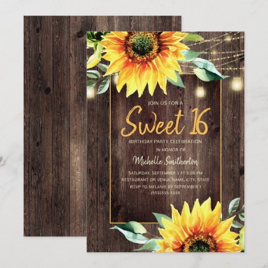 Rustic Sunflower String Light Sweet 16 Birthday Kaart (Voorkant / Achterkant)