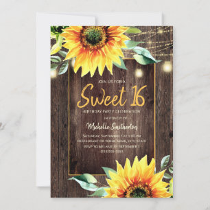 Rustic Sunflower String Light Sweet 16 Birthday Kaart