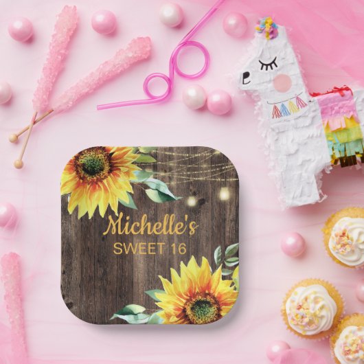Rustic Sunflower String Light Sweet 16 Birthday Papieren Bordje (Feest)