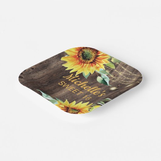 Rustic Sunflower String Light Sweet 16 Birthday Papieren Bordje (Gebogen)