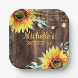 Rustic Sunflower String Light Sweet 16 Birthday Papieren Bordje