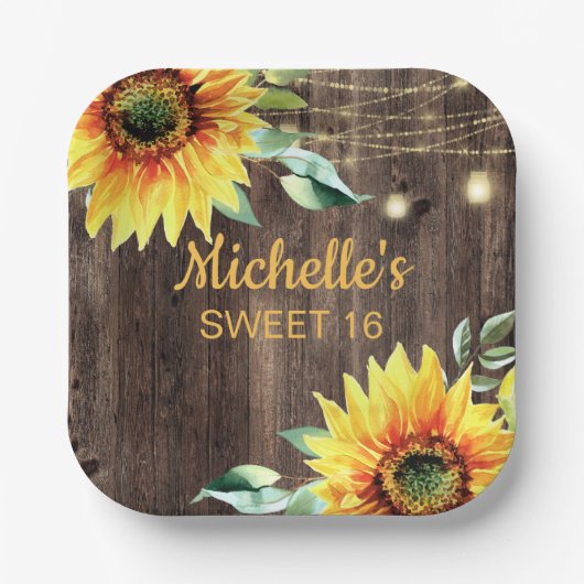 Rustic Sunflower String Light Sweet 16 Birthday Papieren Bordje (Voorkant)