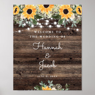 Rustic Sunflower String Light Wedding Welcome Poster