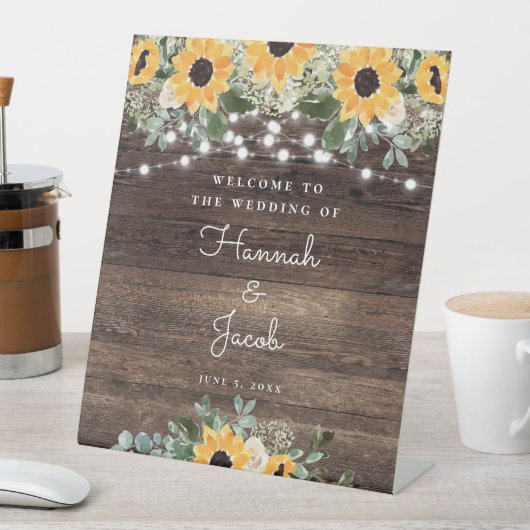 Rustic Sunflower String Light Wedding Welcome Reclamebord Met Voetstuk (Insitu)