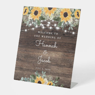 Rustic Sunflower String Light Wedding Welcome Reclamebord Met Voetstuk