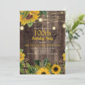 Rustic Sunflower String Lights 100th Birthday Kaart (Staand voorkant)