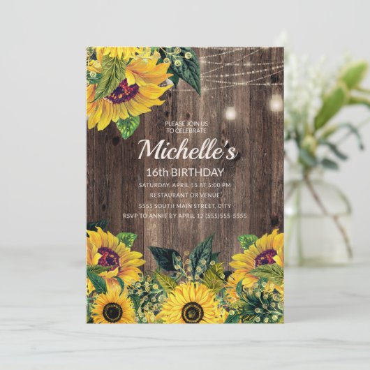 Rustic Sunflower String Lights 16th Birthday Kaart (Staand voorkant)