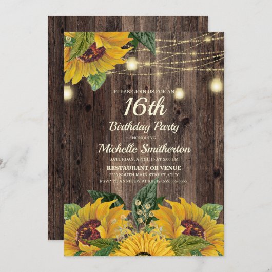 Rustic Sunflower String Lights 16th Birthday Kaart (Voorkant / Achterkant)
