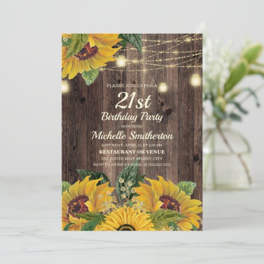 Rustic Sunflower String Lights 21st Birthday Kaart (Staand voorkant)