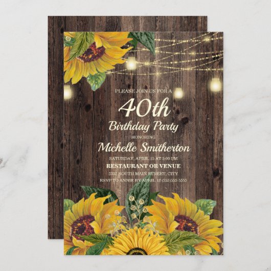 Rustic Sunflower String Lights 40th Birthday Kaart (Voorkant / Achterkant)