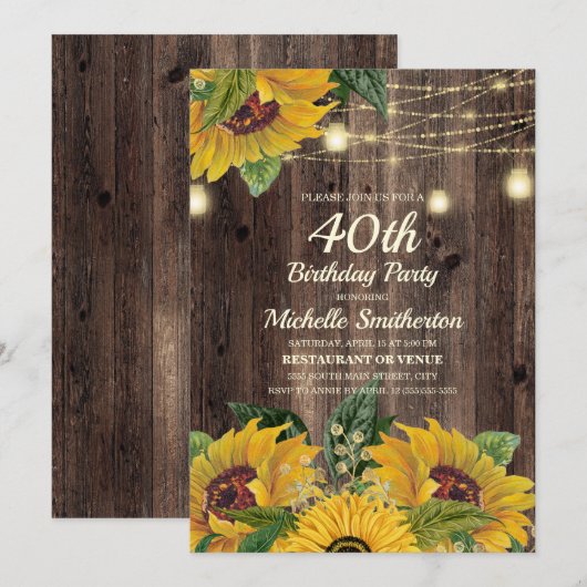 Rustic Sunflower String Lights 40th Birthday Kaart (Voorkant / Achterkant)
