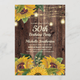 Rustic Sunflower String Lights 50th Birthday Kaart