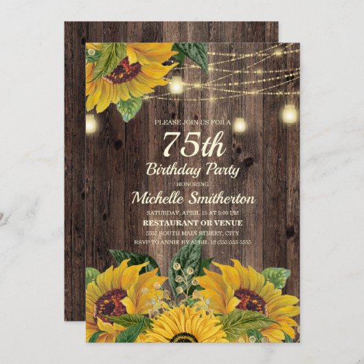 Rustic Sunflower String Lights 75th Birthday Kaart (Voorkant / Achterkant)