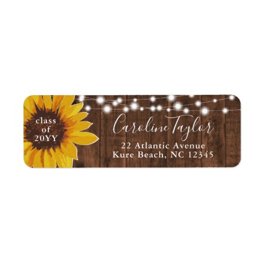 Rustic Sunflower String Lights Afstuderen Adres Etiket (Voorkant)