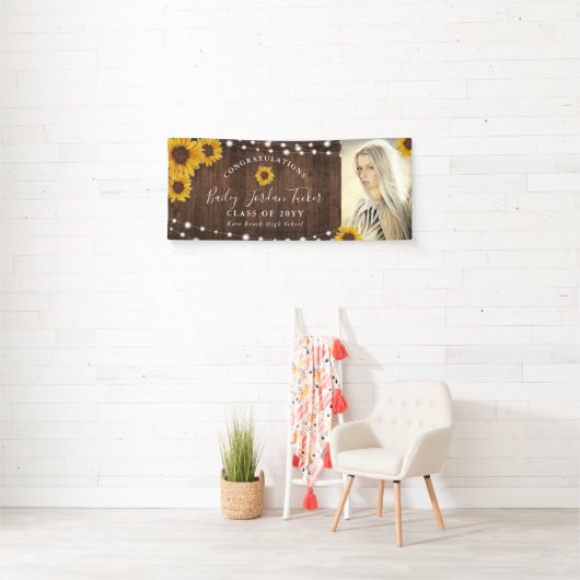 Rustic Sunflower String Lights Afstuderen Spandoek (Insitu)